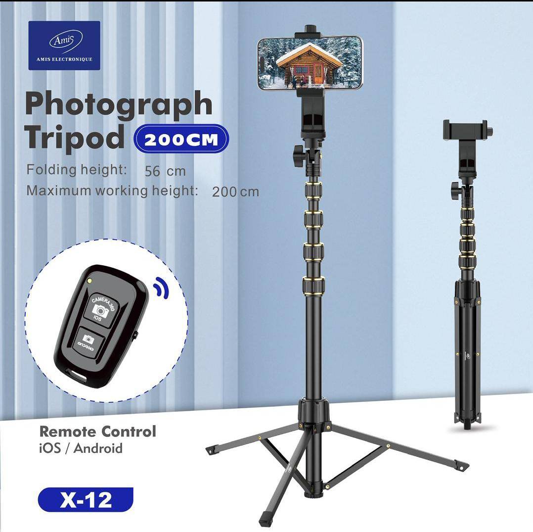 📸 Trépied Photo/Vidéo X-12 – 200cm avec Télécommande Bluetooth