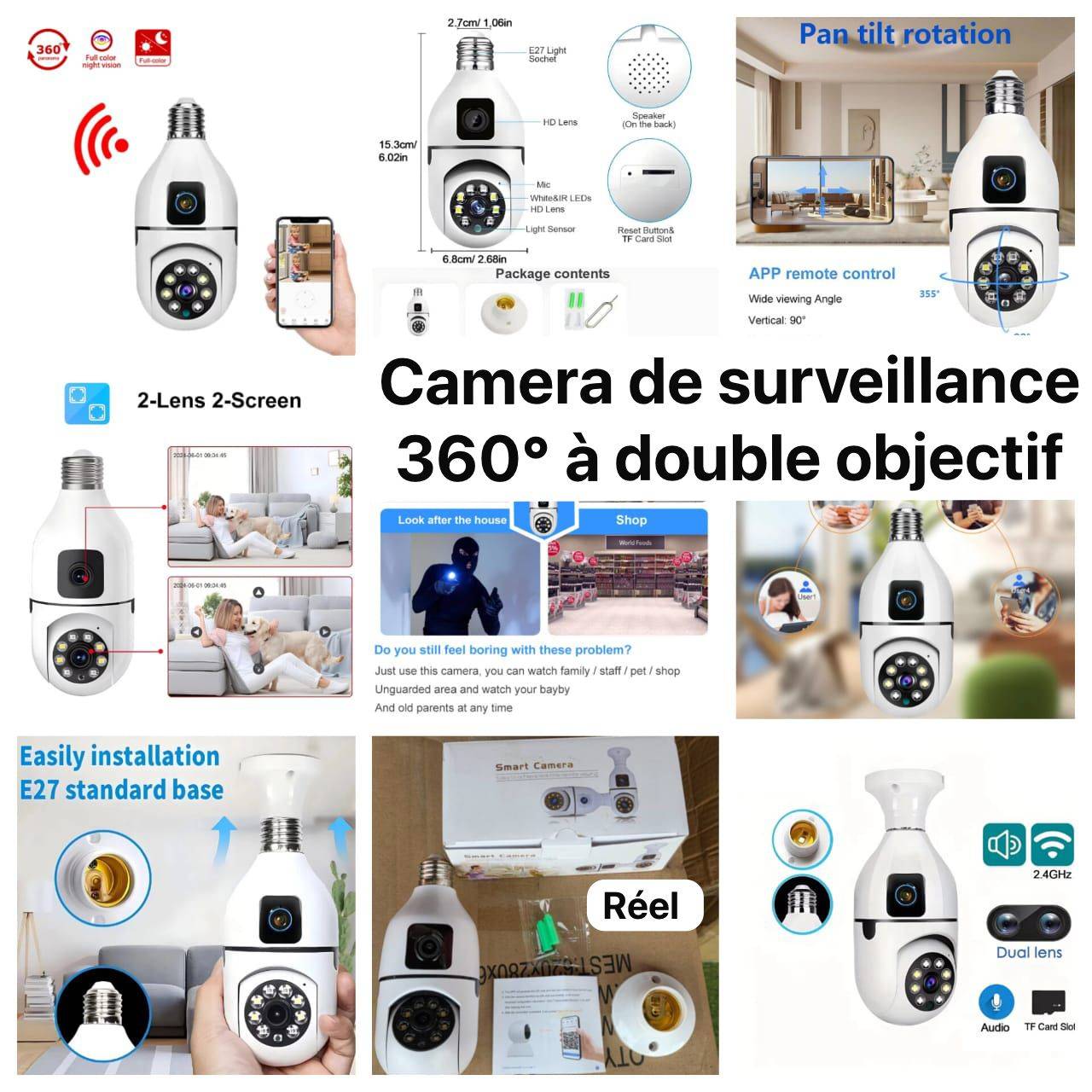 📹1 Caméra de Surveillance Ampoule 360° à Double Objectif