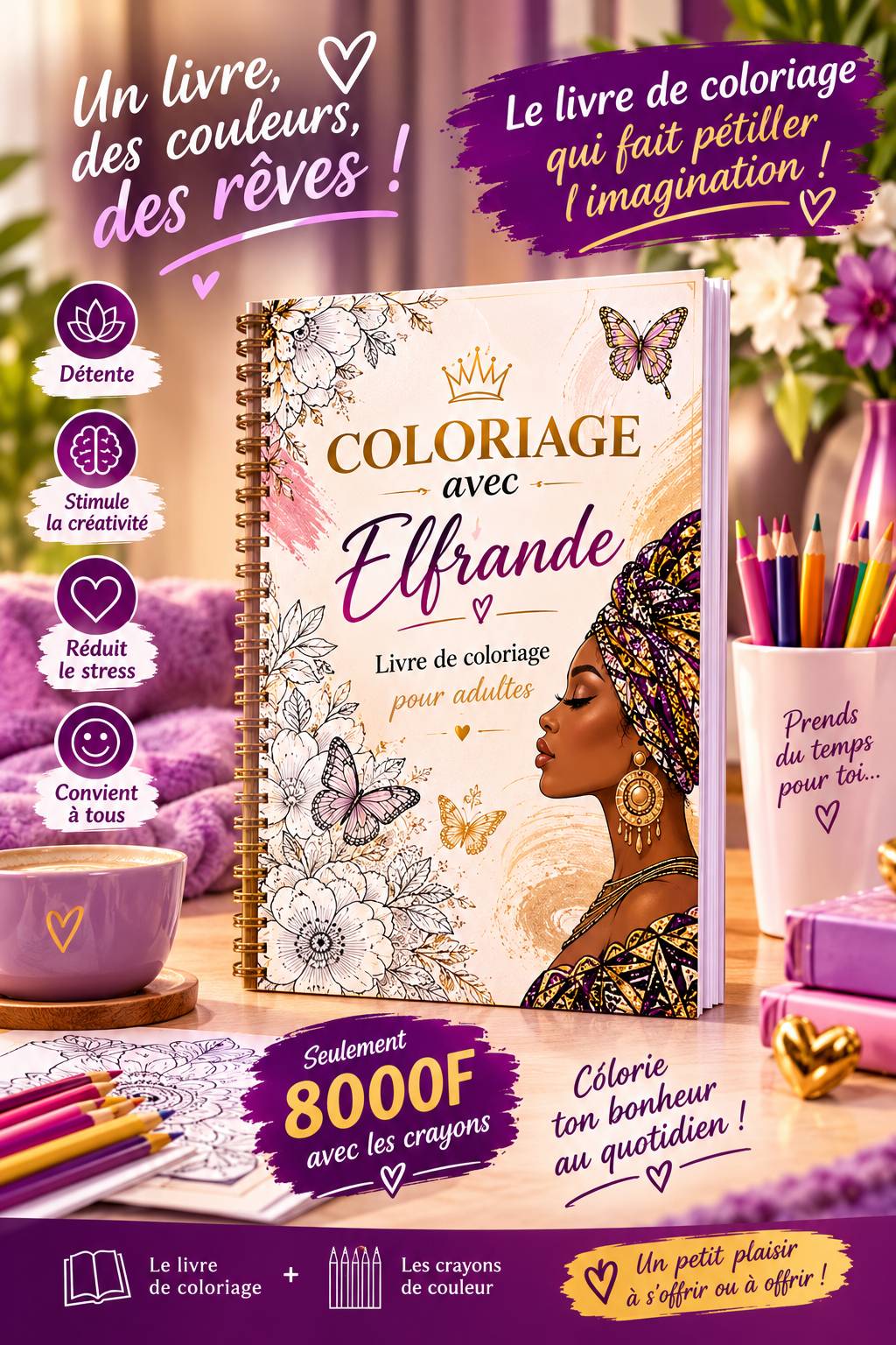 Livre  de coloriage pour adultes avec des crayons à couleur