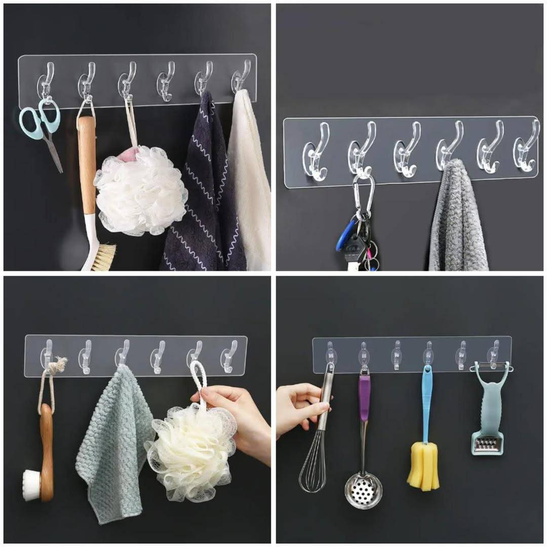 🪝 Porte-Crochets Mural Transparent Auto-Adhésif – 6 Crochets